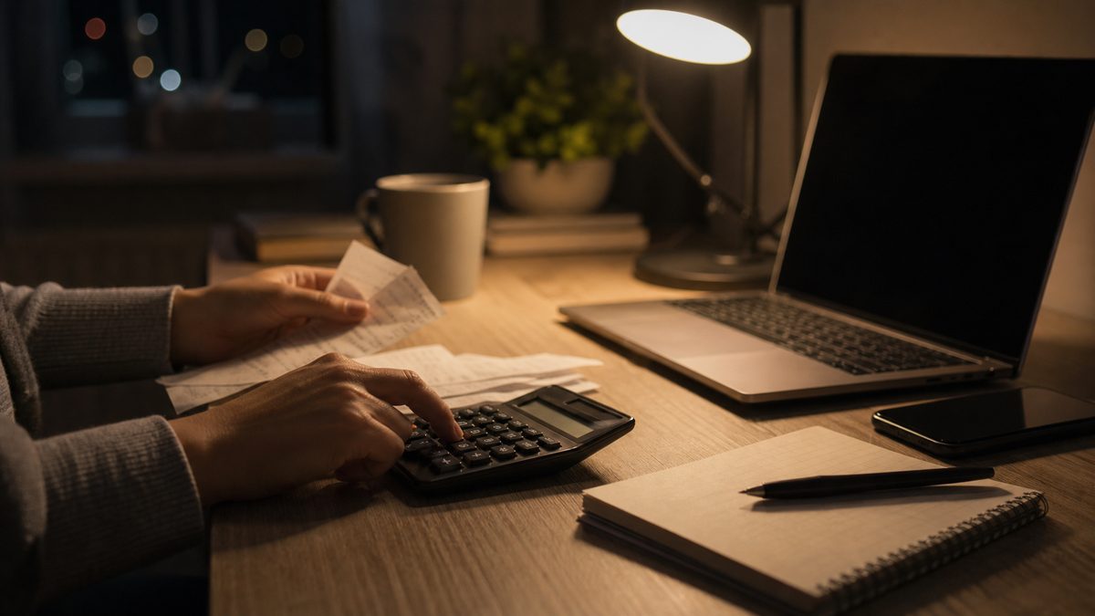 ノートパソコンと電卓を前に、副業の収入と経費を整理している様子