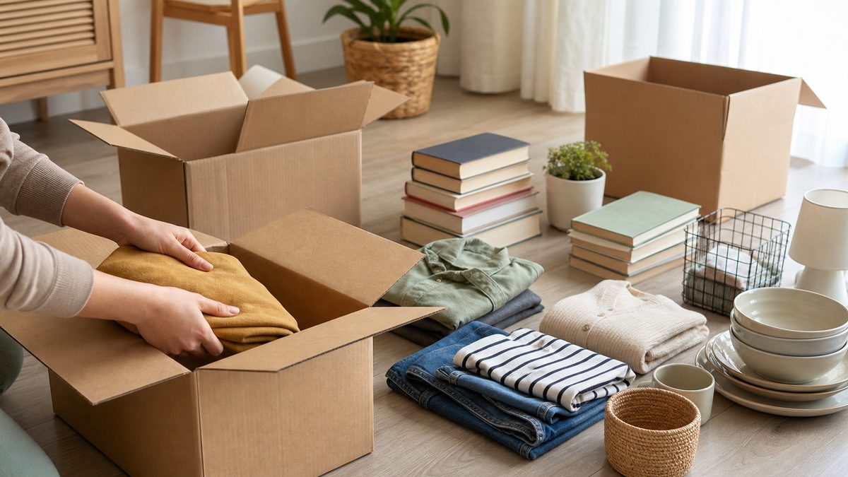段ボール箱に不用品を仕分けしながら、部屋の片づけを進めている様子